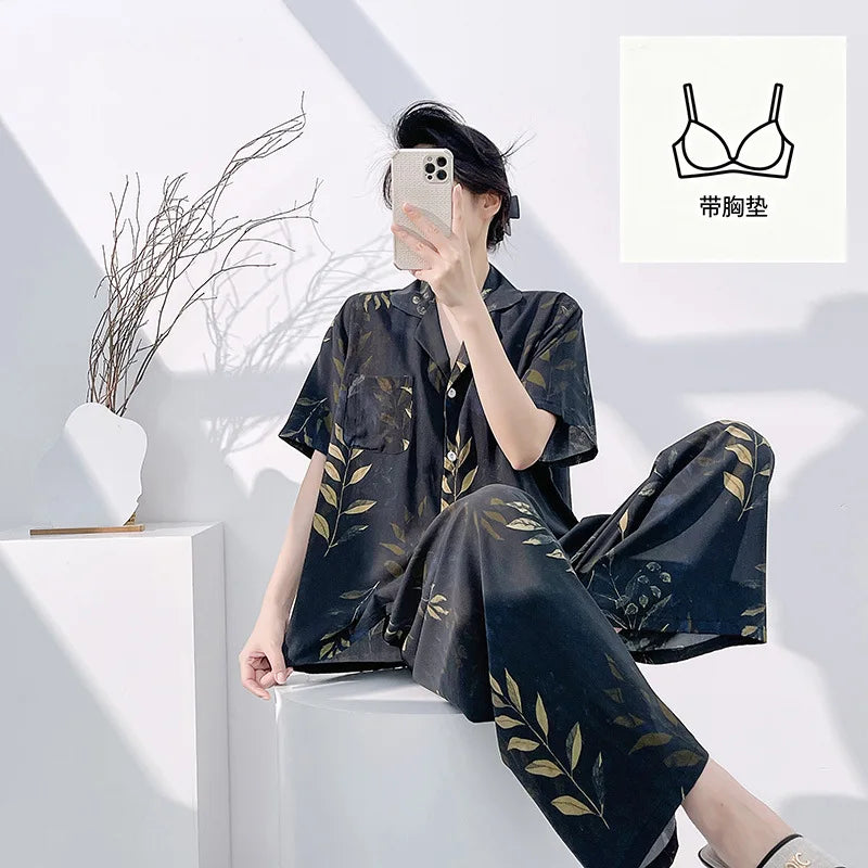 Floral Pajamas Woman Summer Night Wear Ladies 2 Piece Pijama Cardigan Lapel Short Sleeve Homewear Loungewear Home Suit 2026 New