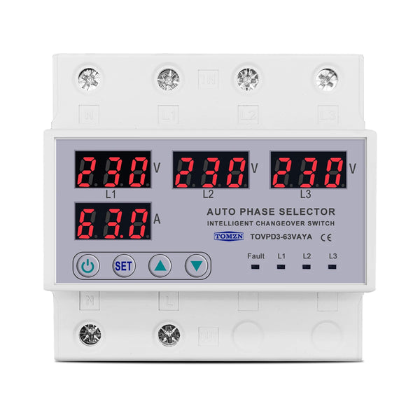 63A TOMZN 3 Phase 3P+N DIN Rail Phase Selector Adjustable Over And Under Voltage Current Protection Monitor Relays Protector