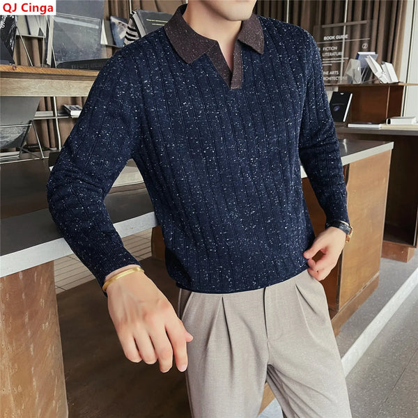 New Winter Collection of Men's Long-sleeve Pullovers: Stylish, Slim-fit Crew-neck Sweaters with Vertical Stripes for Warmth.