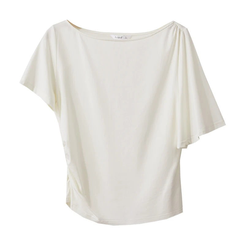 Amii Women's Tee 2026 Summer New Off Shoulder Elastic Shirred Stretch Cotton Tops Slim Asymmetric Short Sleeve T-Shirt 12622225