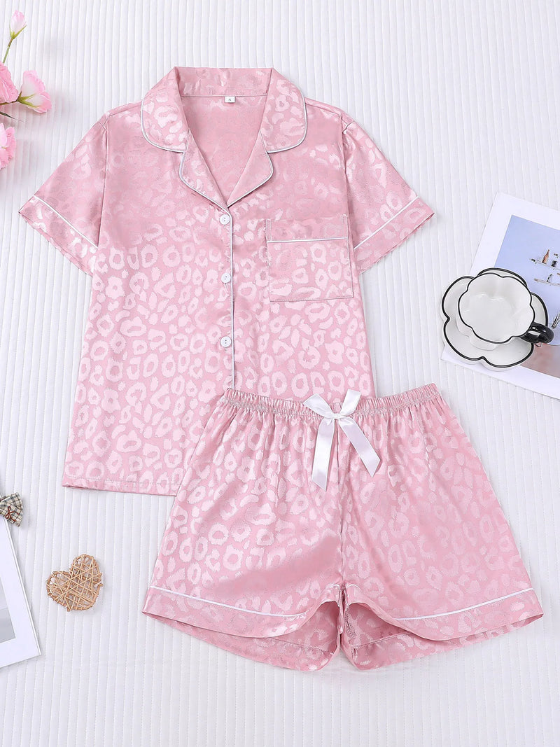 Leopard Print Summer Pajamas with Shorts Lapel Collar Tops Loungewear Sets Woman Nightwear New Ice Silk Short Sleeve Sleepwear