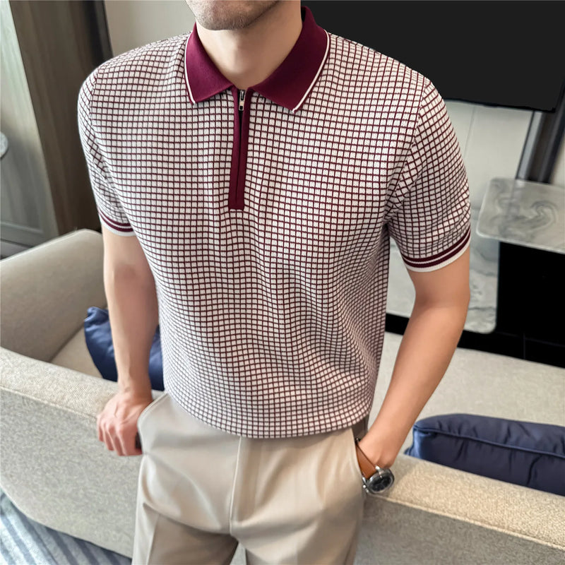 Men's Summer Slim Fit Knitted Polo Shirt - Mature Style Short Sleeve Grid Pattern Business Casual Top with Contrast Collar
