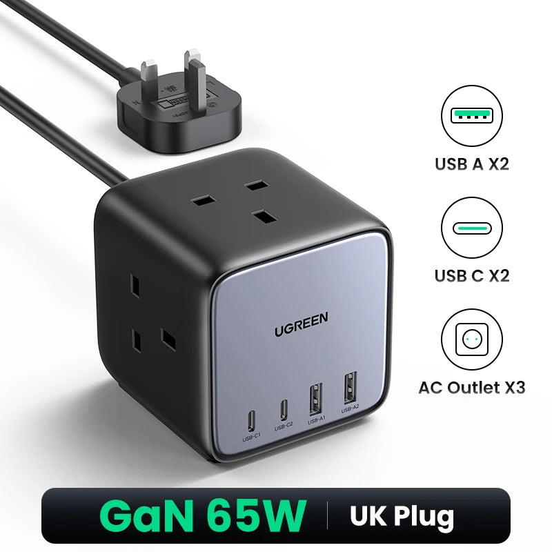 UGREEN 65W UK Plug Power Strip Fast Charger  GaN Socket 7in1 AD&Dc for Power Strip Charging Station