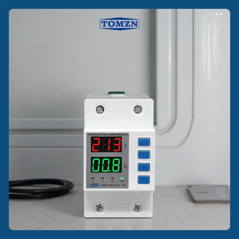 TOMZN TOVPD1-63DK 63A Din Rail Voltage Protector 110V/230V AC OVP OCP UVP L N Isolation Automatic Adjustable Delay-ON Relay