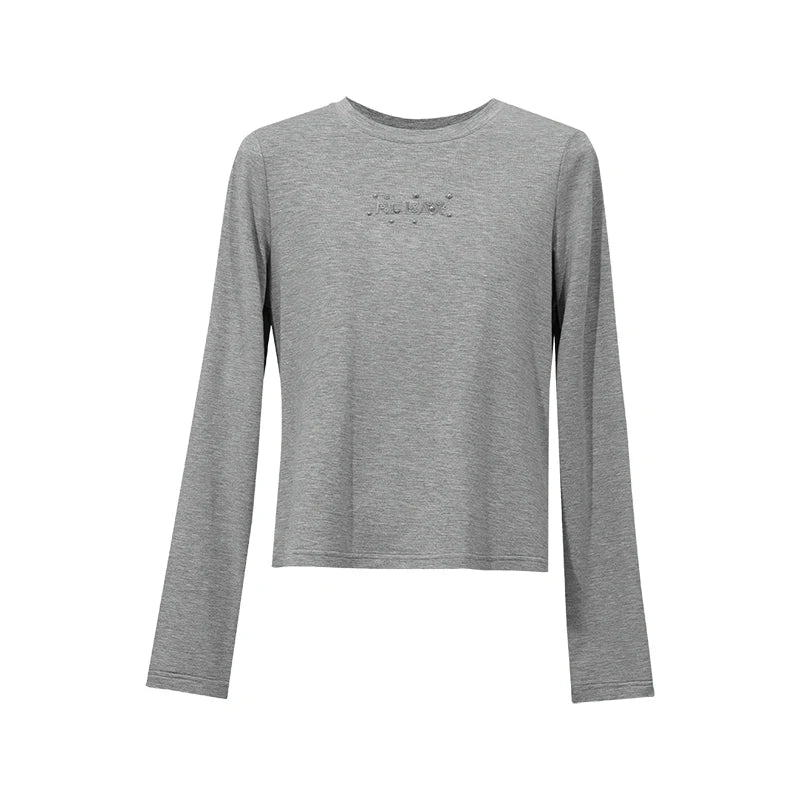 Amii Women's Long Sleeve Top 2026 Autumn New Letter Embroidered Elastic Women's T-shirt Round Neck Basic Versatile Tee 12613006