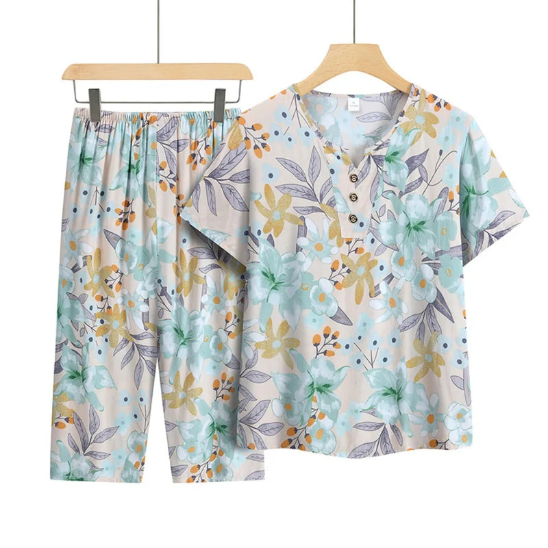 Women's Summer Pajamas Short-Sleeved Night Wear For Ladies Sleepwear Two-piece Middle-aged Pijama Floral Home Wear Pyjama Femme