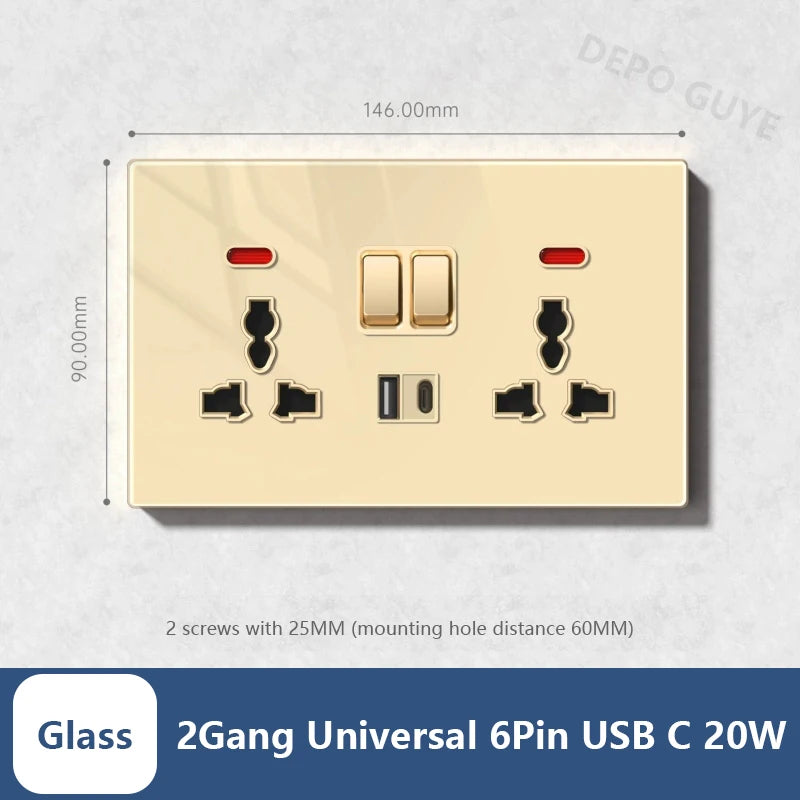 Universal 20W Type-C Wall Quick charge Socket,Dual Switch control Universal Power outlet,White UK Standard USB Interface Socket