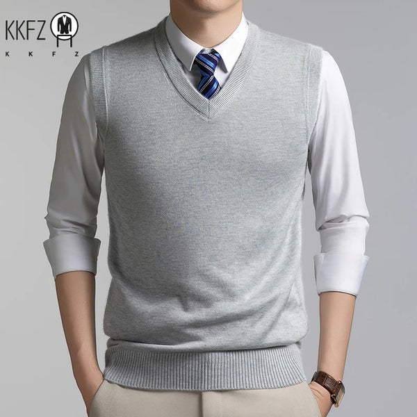V Neck Sleeveless Wool Knit Vest For Men Soft Handfeel Knitwear Business Formal Sweater Tank Top Autumn Layering Clothes