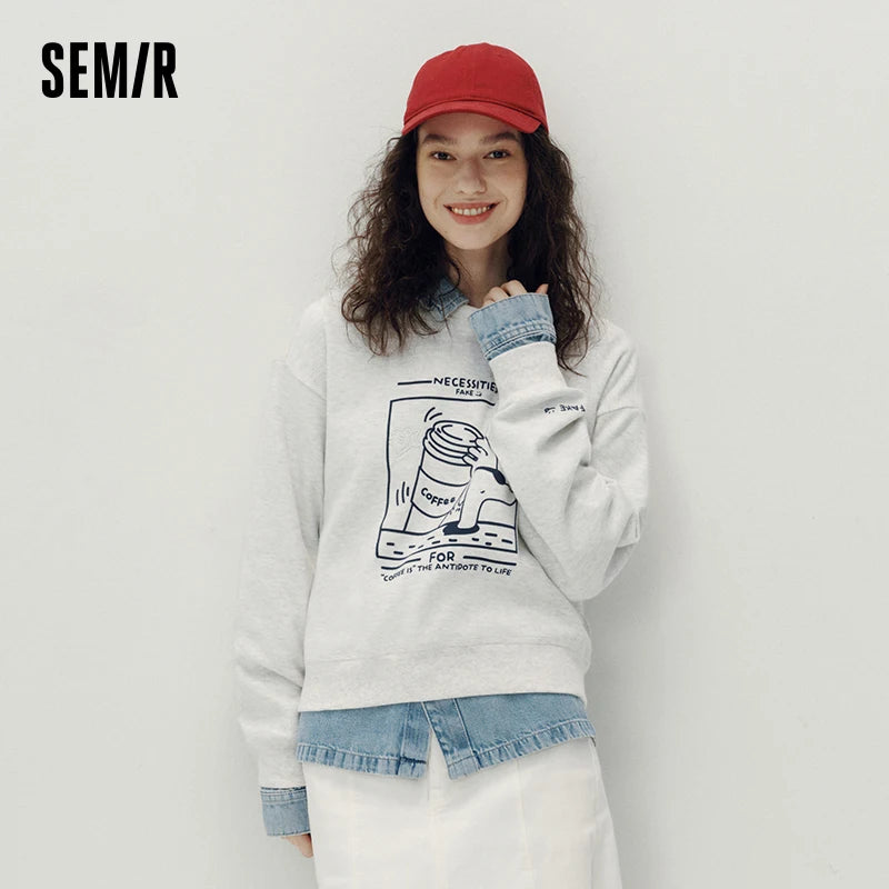 អាវយឺត Semir សម្រាប់នារី ស្មារលាត់ បោះពុម្ពក្រាហ្វិក ស្ទីលធម្មតា ងាយស្រួលស្លៀកប្រចាំថ្ងៃ រដូវស្លឹកឈើជ្រុះ ឆ្នាំ២០២៦