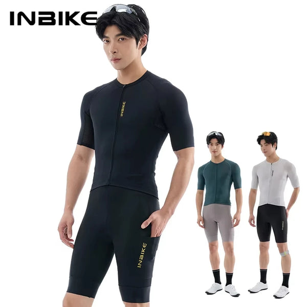 INBIKE Pro Men's Cycling Suit Short Sleeve Jersey Bib Shorts with Pockets Breathable Summer Road Bike Bicycle Clothing Quick Dry
