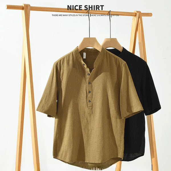 Summer New Vintage Breathable Short Sleeve Pullover Shirt for Men Clothing Ramie and Cotton Streetwear CM2559