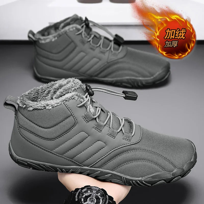 Men Women Winter Barefoot Boots Warm Fleece Lined Wide Toe Box Non Slip Outdoor Snow Hiking Shoes Minimalist Quick Release Laces