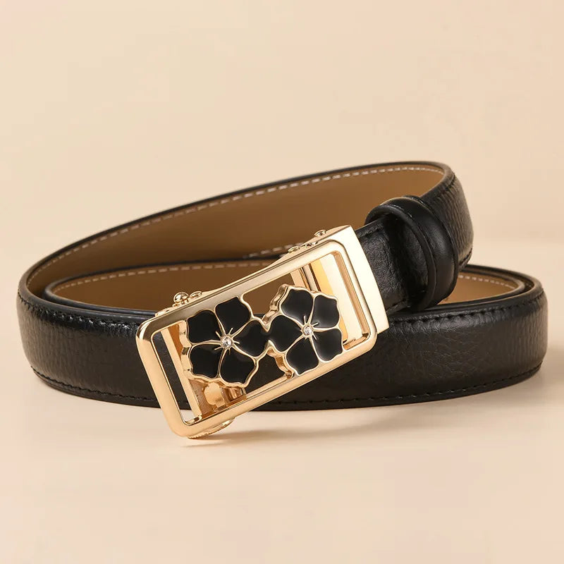 2027 New Women's Automatic Buckle Belts, Available in Red, White, and Black, Sizes 85 Cm–120 Cm.