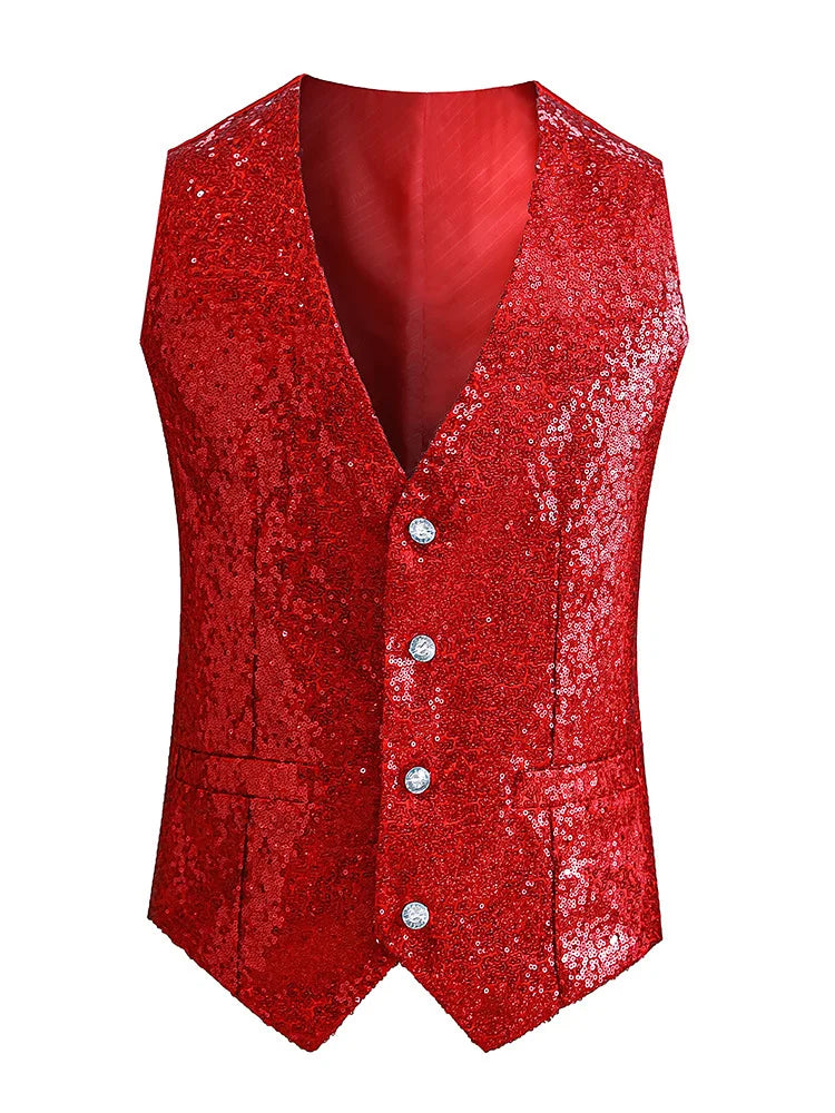 2026 New Men's Red Shiny Sequins Single Breasted Sleeveless Vest, V-Neck Waistcoat Gold Black White Blue Purple Available M-XXXL