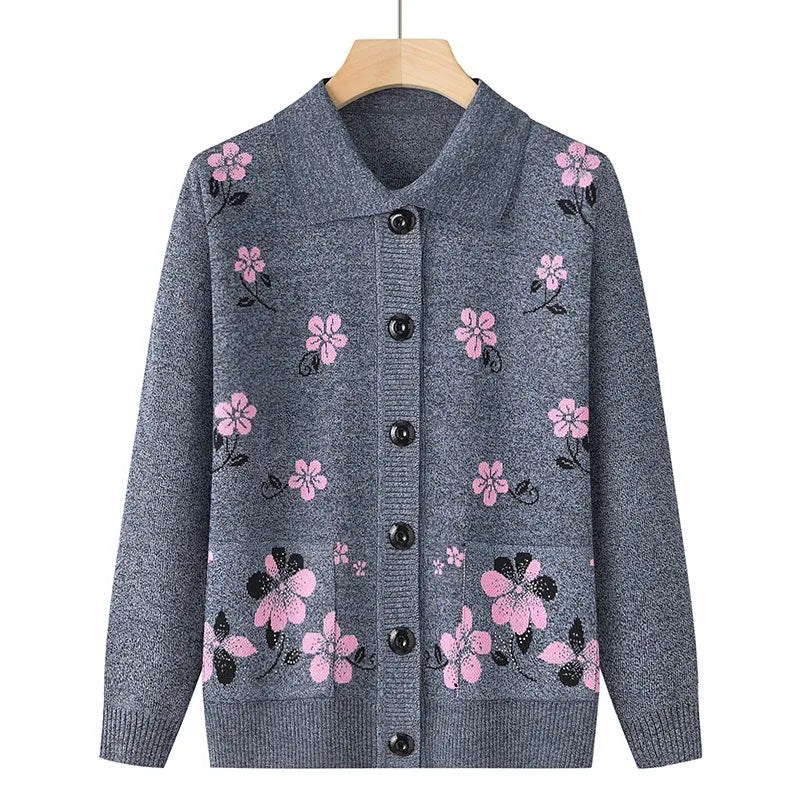 Grandma's Spring Autumn Cardigan Lapel Sweater Winter Womens Clothing Vintage Knitting Middle Aged Mother Knitwears Coat 4XL