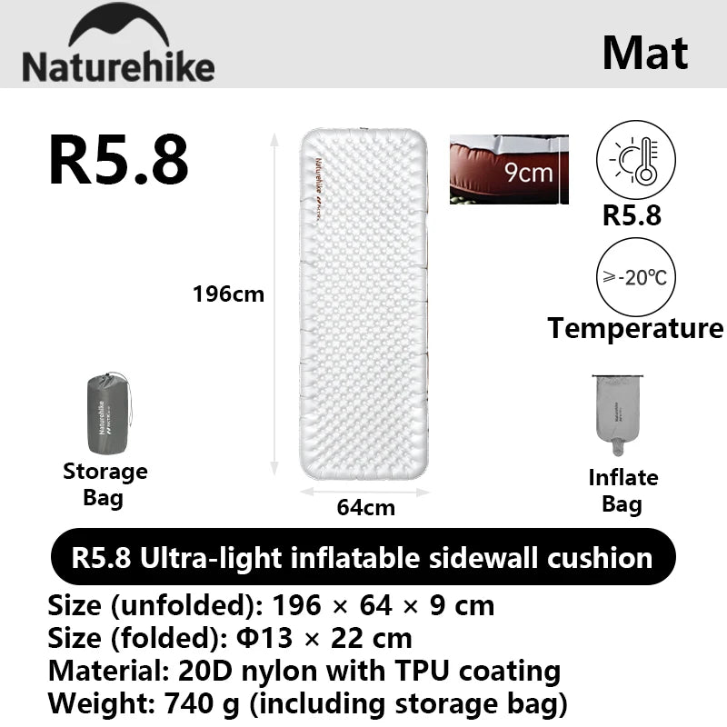 Naturehike 2026 New Camping Inflatable Mattress R 5.8/6.5/8.2 Light Portable Tent Sleeping Pad Outdoor Travel Hiking Beach Mat