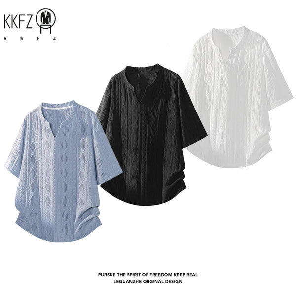 Male Lightweight Hollow Jacquard Short Sleeve Shirt V Notch Henley Neck Oversized Fit For Travel And Casual Outing