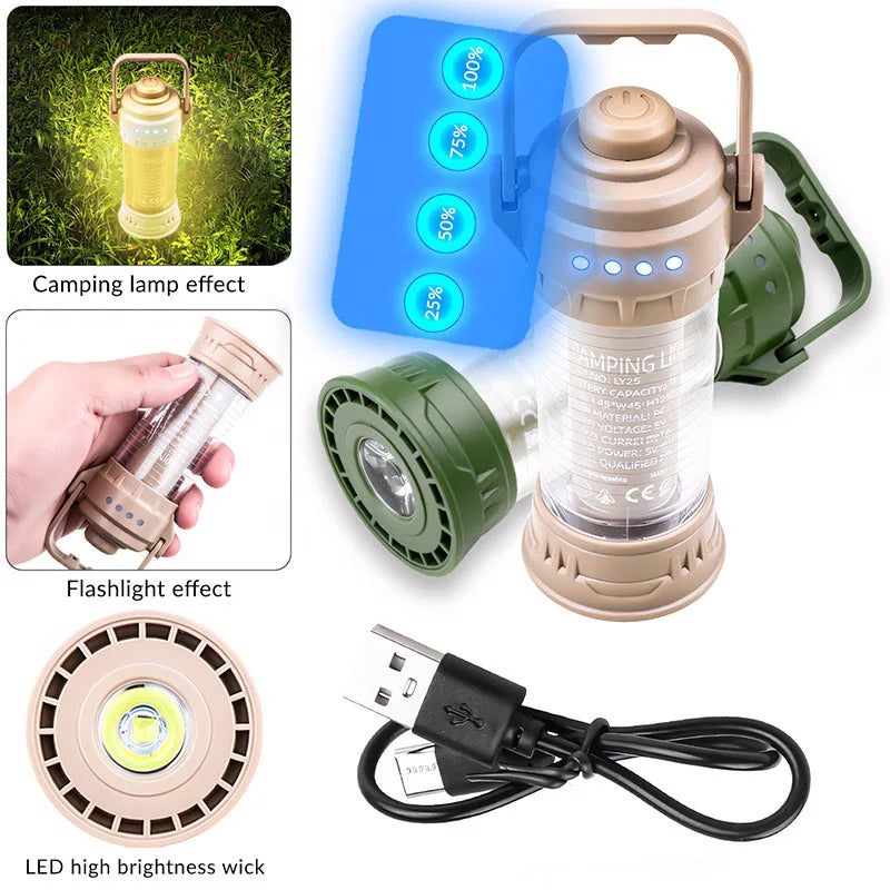 Multifunctional LED Camping Light 6 Lighting Modes Flashlight with Hook Type-C Rechargeable for Emergency Tent Yard Car Repair