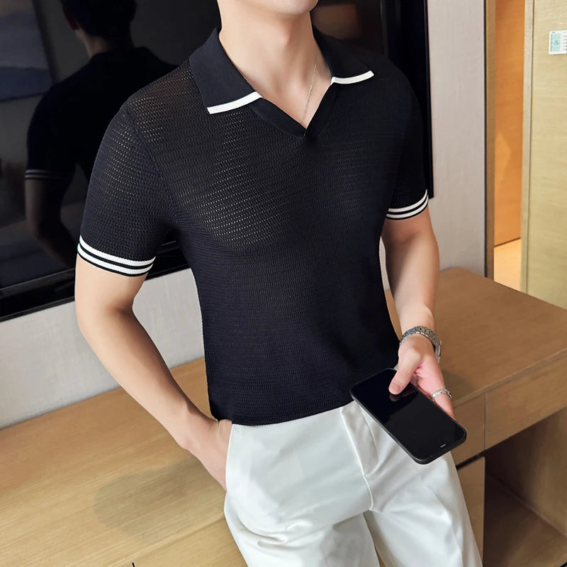 Men's Contrast Trim Knitted Polo Shirt - Slim Fit V-Neck Short Sleeve Summer Top | Breathable Textured Business Casual Tee