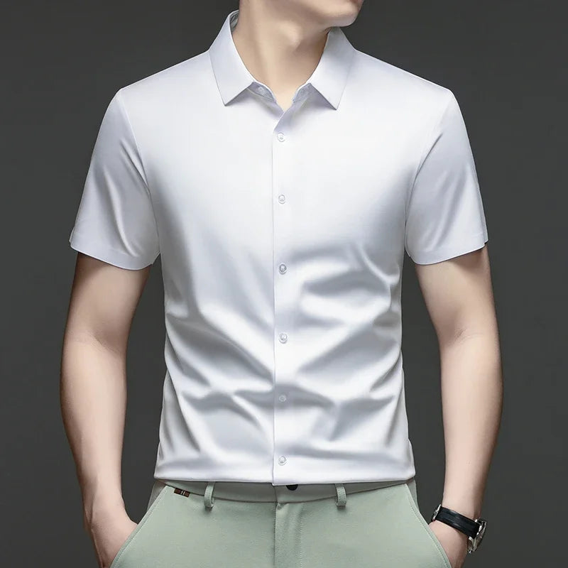Mens Casual Short Sleeve Button Down Shirt Ice Silk Lightweight Breathable Wrinkle Resistant Summer Top