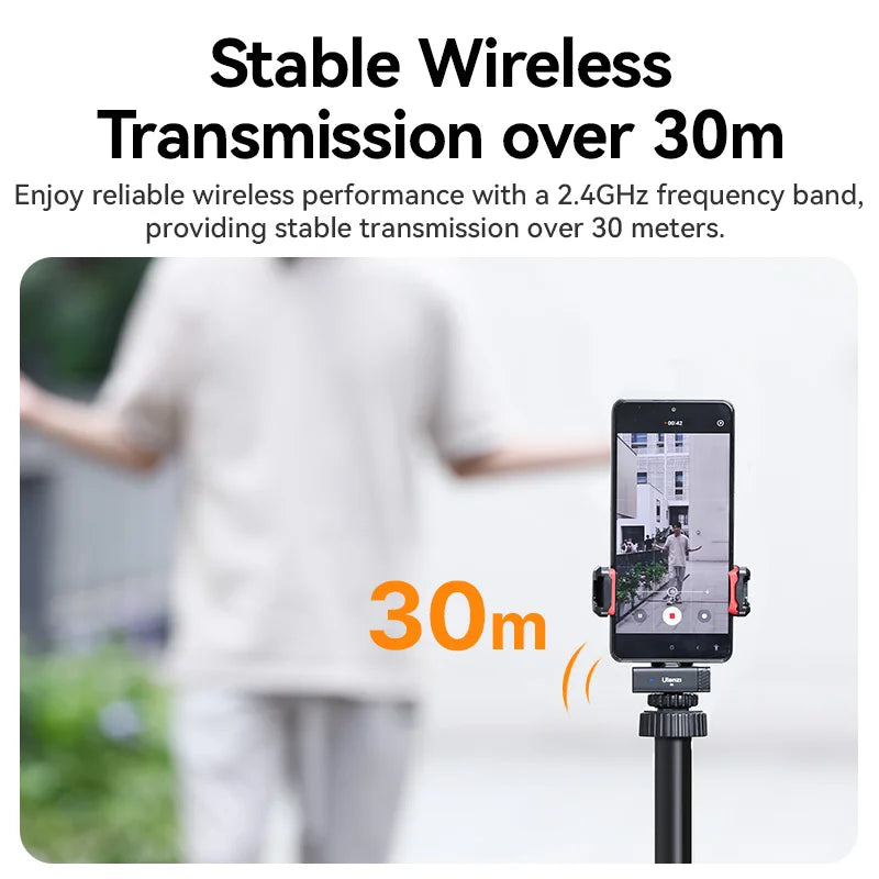 មីក្រូហ្វូនឥតខ្សែ Ulanzi Dual Channel ដែលអាចថតសំឡេងបាន 98 ហ្វីត សម្រាប់ថតវីដេអូ Vlog លើស្មាតហ្វូន