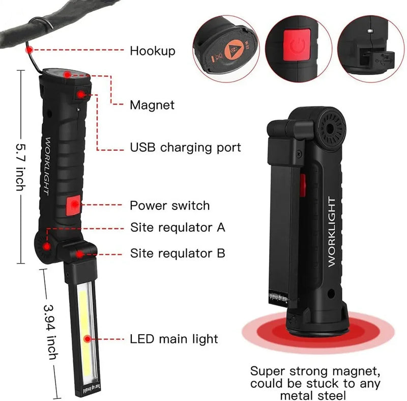 ភ្លើងការងារចល័ត COB LED ពិល USB អាចសាកបាន ចង្កៀងព្យួរម៉ាញេទិក Lanterna ជាមួយថ្មដែលភ្ជាប់មកជាមួយ ពិលបោះជំរុំ