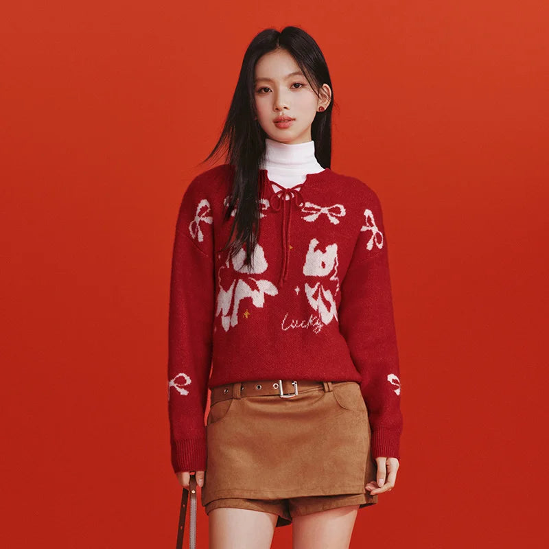 Semir Women Sweater 2026 Spring New Red Bow Jacquard Loose Cute Girlish Style Crew Neck Pullover Tops