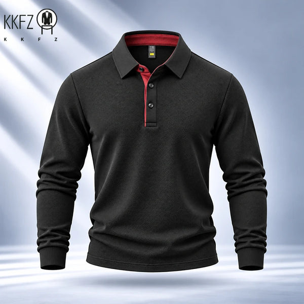 Premium Fabric Mens Polo Long Sleeve Shirt Fine Workmanship Turn Down Collar Top For Weekend Outdoor Scenes