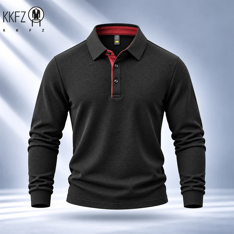 Premium Fabric Mens Polo Long Sleeve Shirt Fine Workmanship Turn Down Collar Top For Weekend Outdoor Scenes
