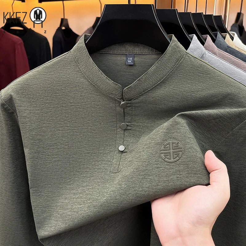 Men Long Sleeve Button Placket Tee Stand Collar Chest Embossed Detail Loose Fit Daily Office Leisure Wear Top