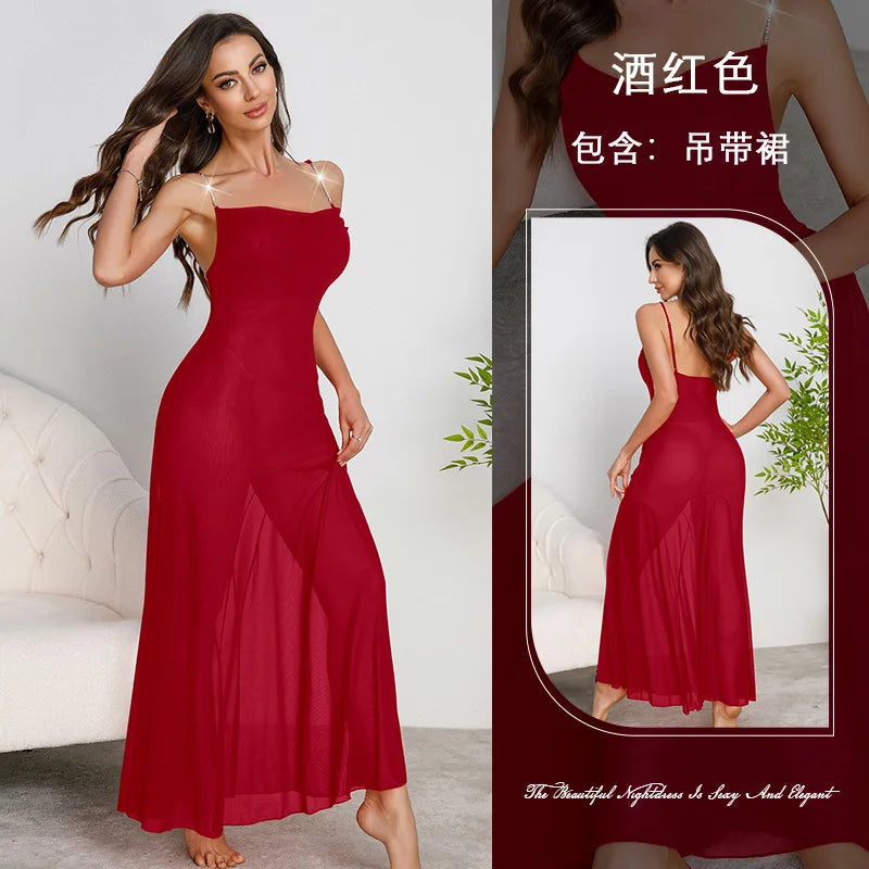 Strap Suspender Long Dress Swing Sexy Mesh Nightdress Night Wear Sleepwear Women Nightgowns Vestidos De Noche