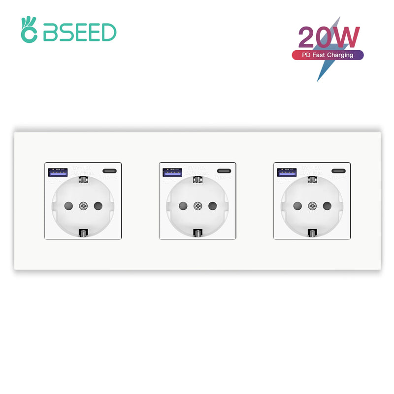 BSEED M1 Series EU Wall Socket USB Type-C Port Outlets Double Plastic Frame Sockets Triple Power Plugs Kids Protection 16A