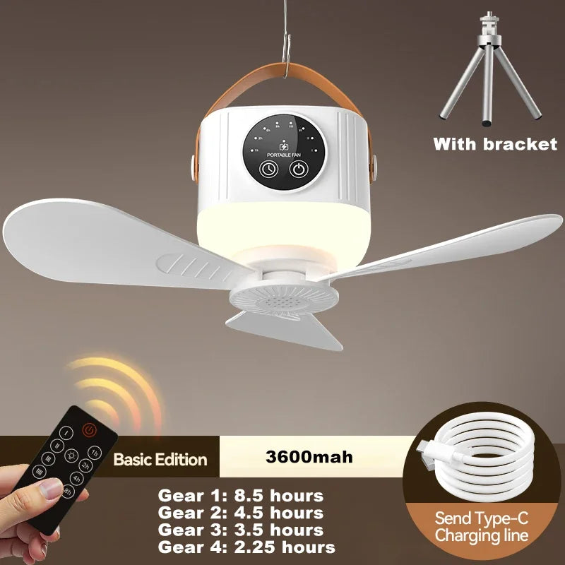 7200mAh Portable Camping Fan Rechargeable Ceiling Fan Light Quiet Wireless Fan with Remote Timing for Camping Tent Dorm Room