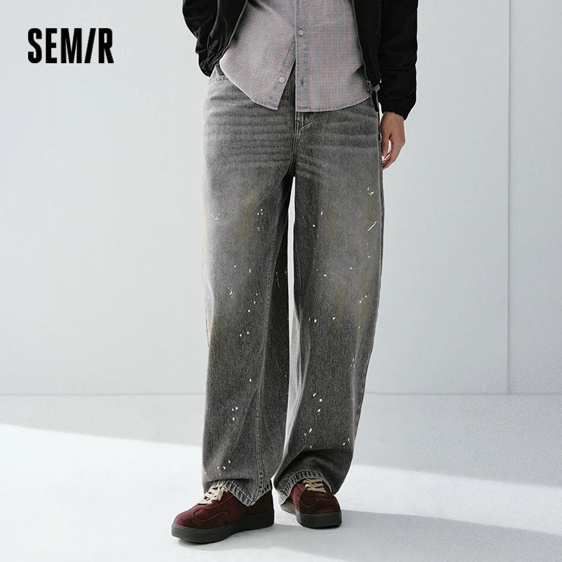 Semir Men Jeans 2026 Spring New Vintage Washed Distressed Wide Leg Arc Shape Splash Ink Retro Style Pants