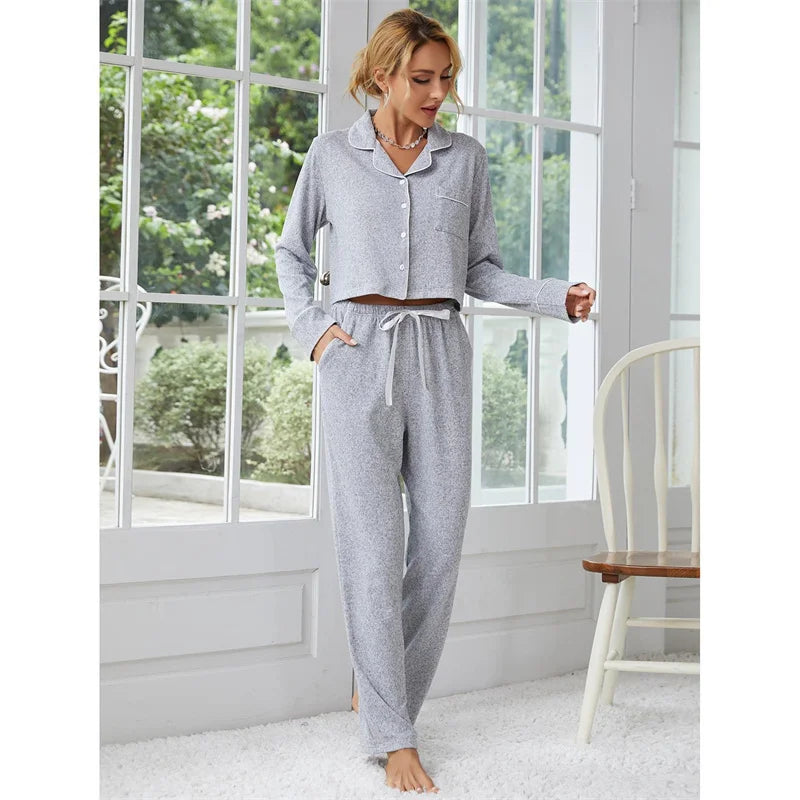 European Women's Sleepwear Suit Autumn Winter Long Sleeved Cardigan Pants Two-piece Set Home Pajamas Female Sleeping Clothes