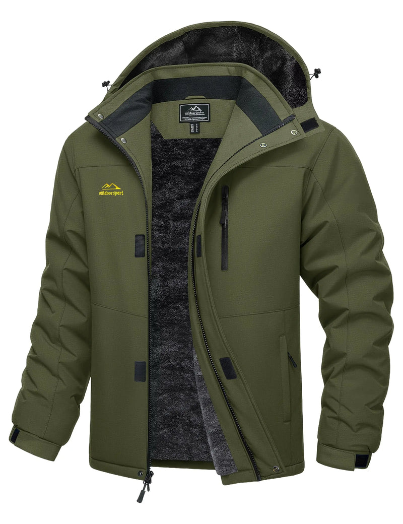 TACVASEN Mens Ski Jacket Waterproof Fleece Parka Coat Detached Hood Windproof Placket Outdoor Coat Winter Warm 5 Pocket RainCoat
