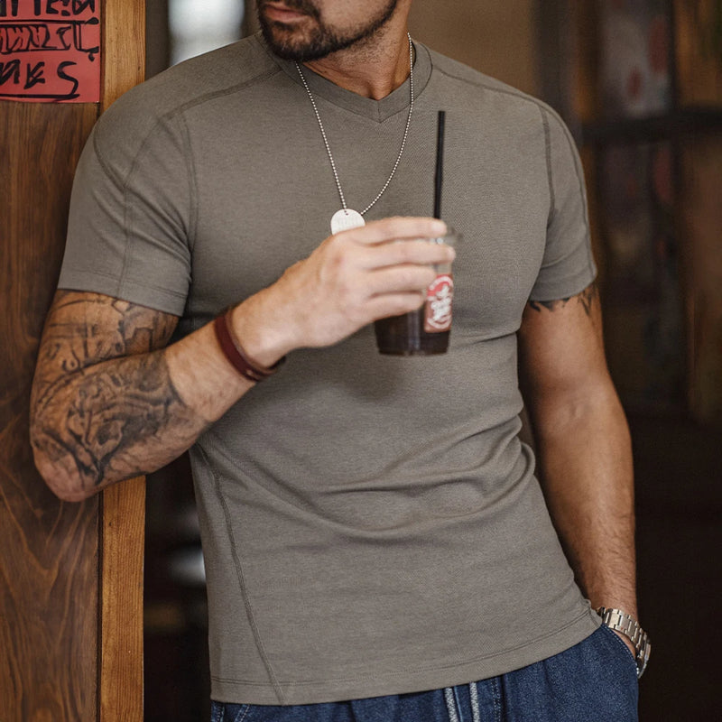 Maden Gray Casual Lyocell Cool-Touch Short Sleeve T-Shirt Men's Summer Quick-Dry V-Neck Fitness Tee Slim Fit Gym Versatile Tops