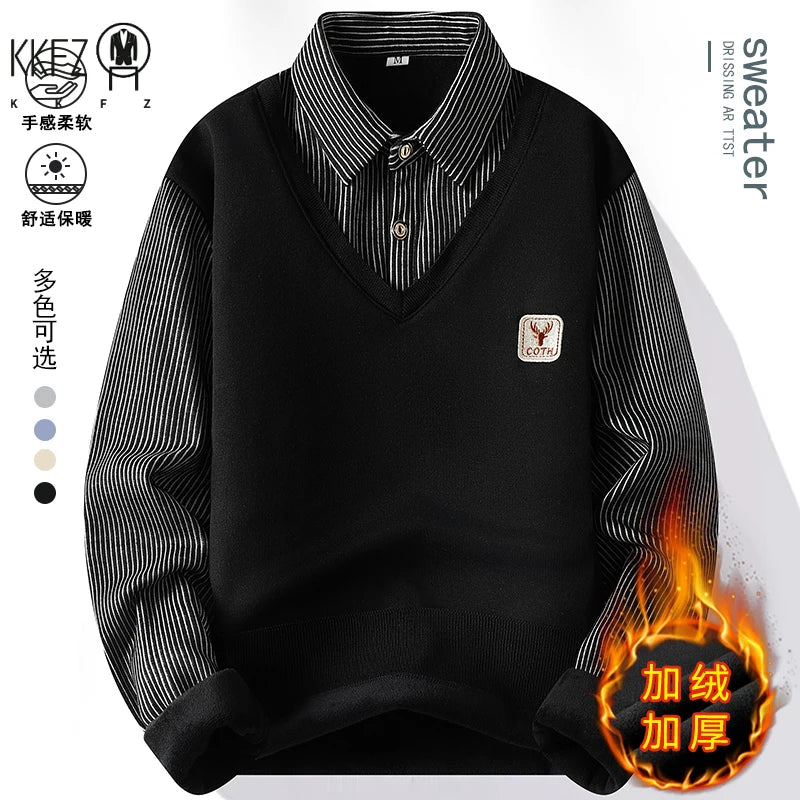 Men Daily Wear Knit Pullover Fake Two Piece Design Striped Long Sleeve Lapel Shirt Style V Neck Knitted Sweater