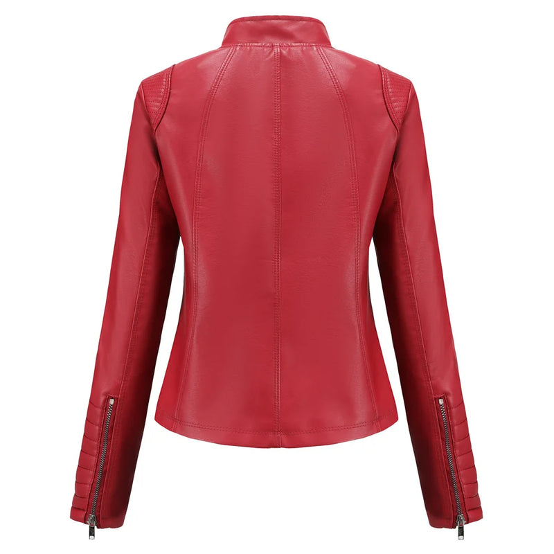 2026 Women's Bright Red V-neck Leather Jacket, Fashion Slim PU Coat, Black Short Outerwear Asia Size XS S M L XL XXL