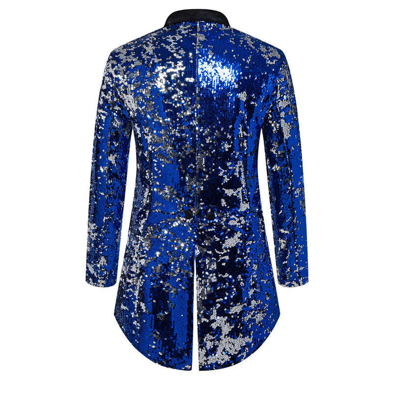 2026 Men's Blue Metallic Shiny Sequins Tuxedo, Performance,Party Dress Coat, Fashion Long Cardigan Suit Jacket,Red, Gold Blazers