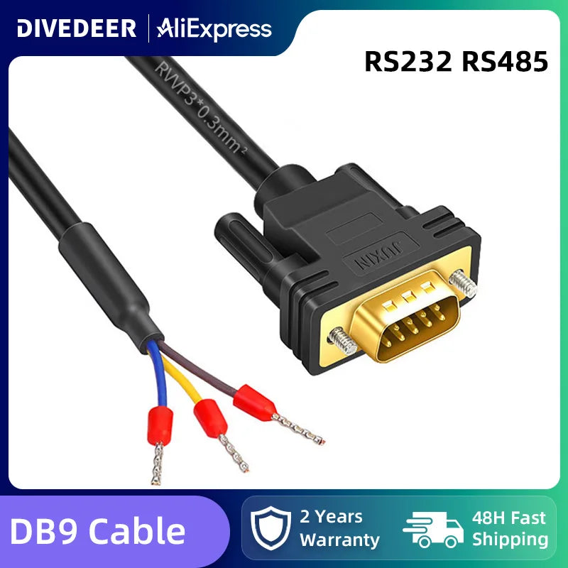 DIVEDEER DB9 Serial Cable RS232 RS485 Adapter Cord 3-Core 235 Terminal Wire 9-Pin COM Port Connector Single-End Male & Female