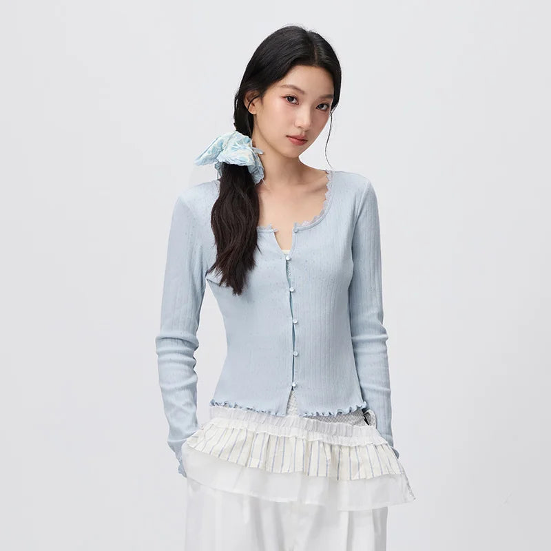 Semir Women Tshirt Long Sleeve Short Cotton Slim Ruffle Lace Trim U Neck Soft Casual Autumn Top Daily Wear 2026
