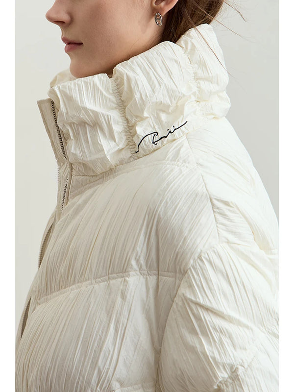 AMII Minimalist Streetwear Down Jacket For Women 2025 Winter Casual Stand Collar Pleated Letter Embroidery Female Coats 12444042
