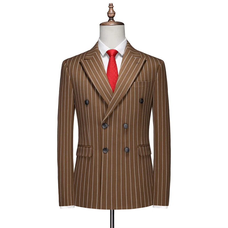 Men's Vertical-Striped Blazer, Perfect for Weddings, Parties, and The Office. Asian Sizes. White, Black, Blue, Gray, Red, Brown.