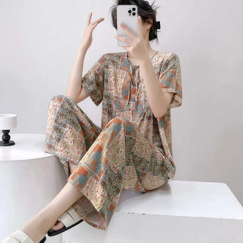 Women’s Summer Pajamas 2 Piece Sets Night Wear for Ladies Short Sleeve Sleepwear Homewear Floral Sleeping Wear for Woman Pijama