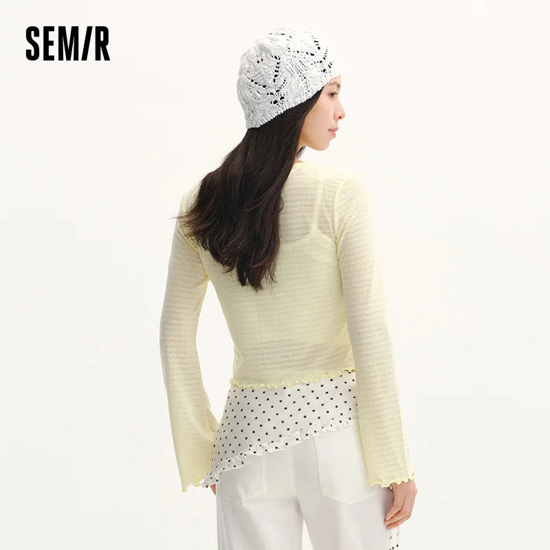 Semir Women Tshirt Textured 2026 Jacquard Slim Fit Ruffle Trim Knitted Crew Neck Urban Casual Everyday Style Soft