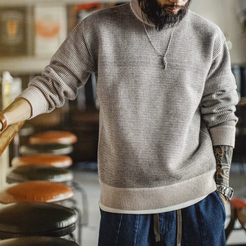 Maden Men's Vintage Grey Crew Neck Sweater Knit Warm Pullover for Autumn and Winter Jumpers Casual Top for Layering Knitwear