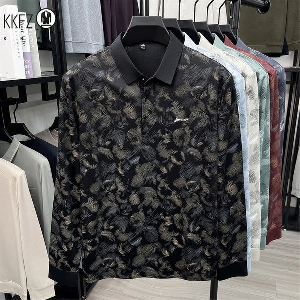 Men Breathable Mesh Polo Short Sleeve Lap Collar Abstract Feather Print Button Placket Relax Daily Wear Top