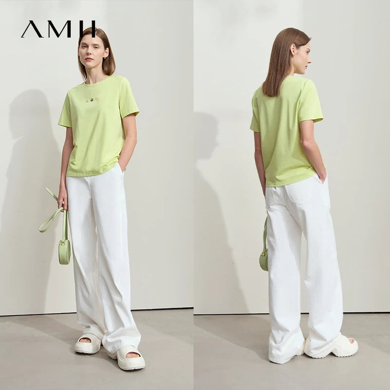 អាវយឺត Amii Minimalist សម្រាប់នារី កអាវខ្លី ដៃខ្លី ការតុបតែងធរណីមាត្រ កប្បាសប្រឆាំងបាក់តេរី អាវយឺតយឺត 12521088