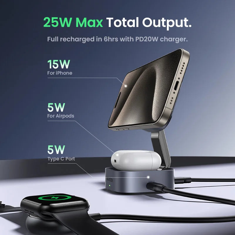 UGREEN Qi2 15W Magnetic Wireless Charger Stand 2-in-1 Charging Stand For iPhone 16 17 Pro Max/AirPods For MagSafe Fast Charger